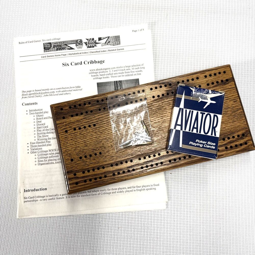 Vintage Oak Cribbage Board w/ Pegs, Cards & Instructions -